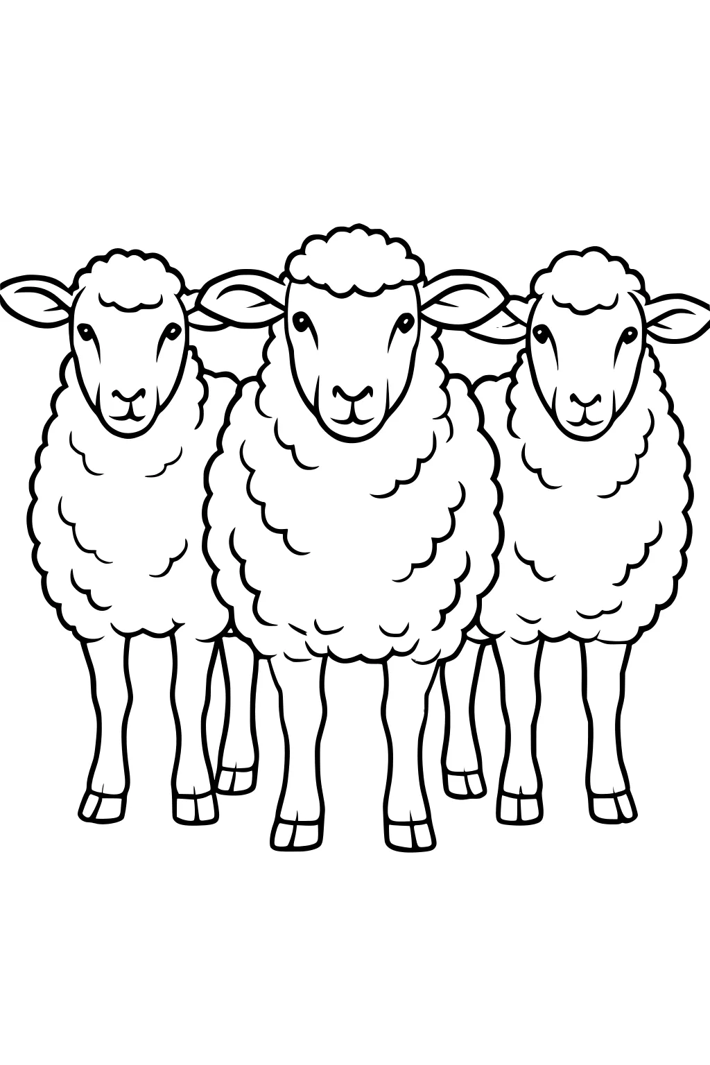 Three sheep with thick curly wool stand close together, facing forward, with round faces and big ears.