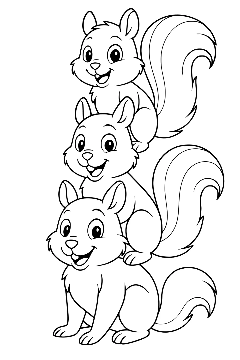 Three happy cartoon squirrels stacked in a tower, each with fluffy tails and wide smiles.