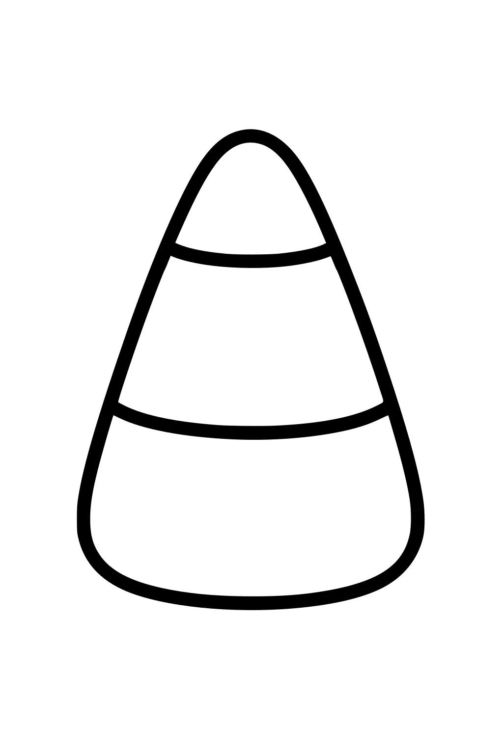 Simple candy corn outline with two stripes creating three sections, thick black lines centered on white background.