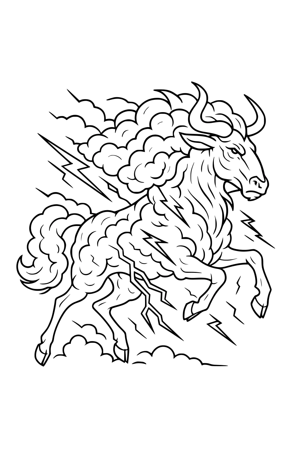 Leaping wildebeest with curved horns, storm clouds, and zigzag lightning around its body in bold outline.