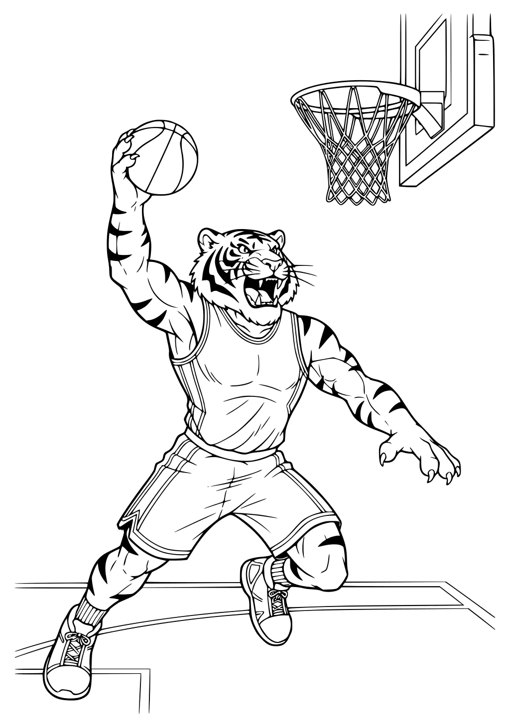 Tiger wearing a jersey and shorts jumps in midair to dunk a basketball into a hoop, showing strong muscles and stripes.
