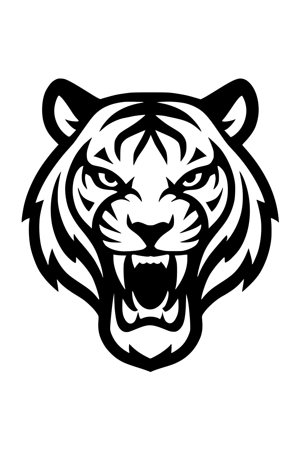 Tiger head with mouth open showing teeth, bold stripes, pointy ears, and detailed facial features in black outline.