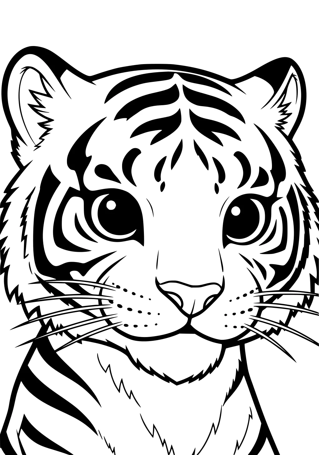 Close-up of a young tiger's face with big eyes, striped fur, perked ears, and spread whiskers.