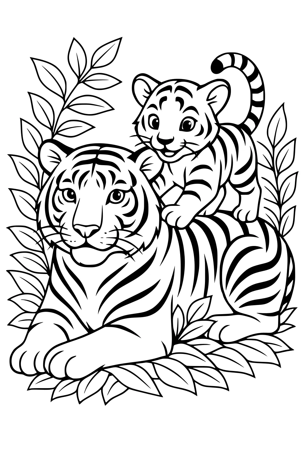 Mother tiger lies down with a smiling cub climbing on her back, surrounded by leafy jungle plants.