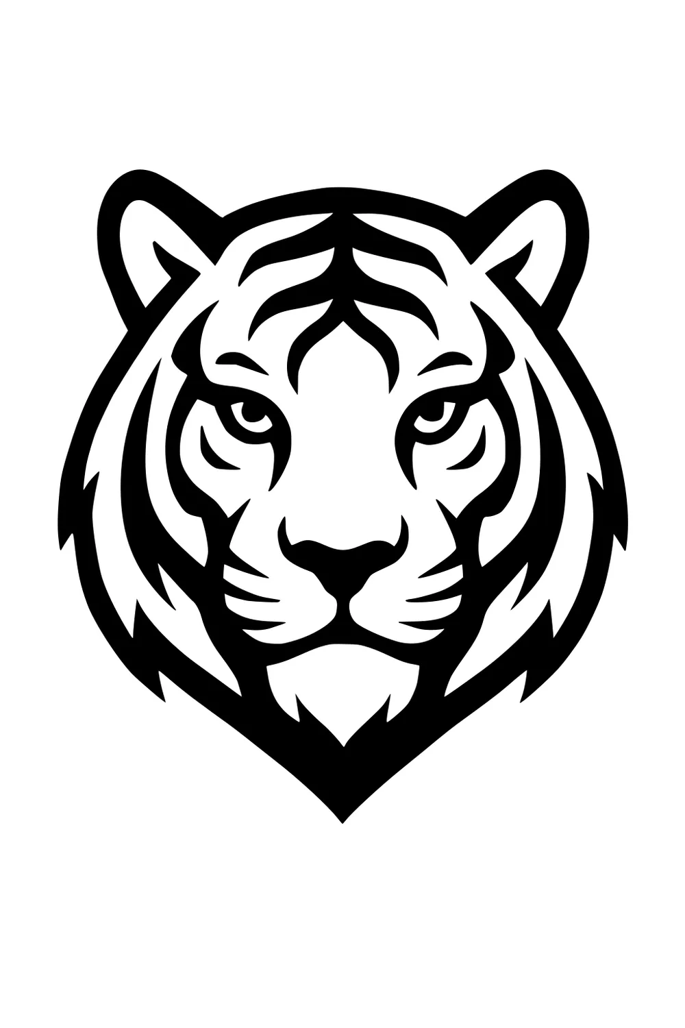 Tiger face with black stripes, upright ears, visible nose and eyes in a front view, outlined in simple black lines.
