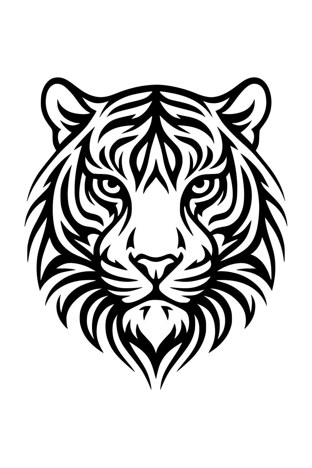 Front view of a tiger face with bold black stripes and round ears on a white background.