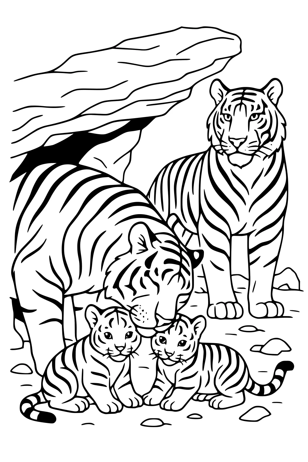 Tiger parents with two tiger cubs resting under a rock, surrounded by scattered stones.