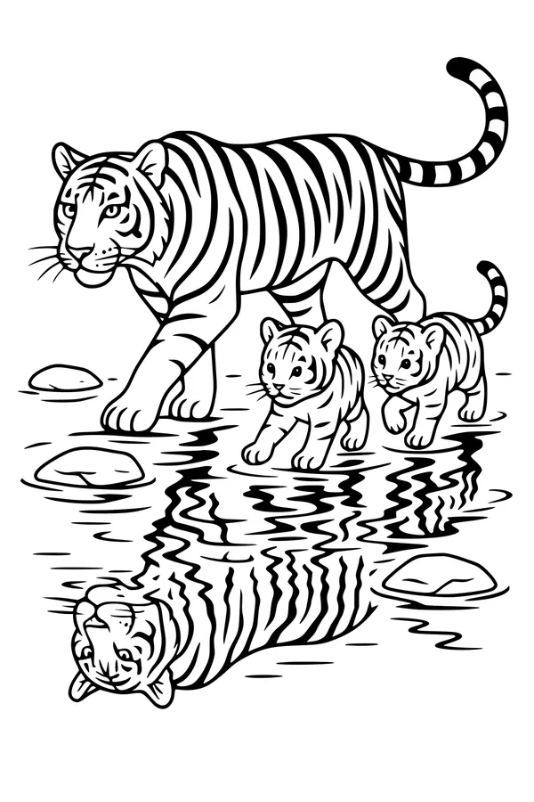 Tiger Family Walks by the Stream