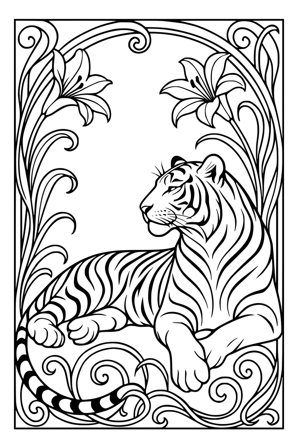 A tiger lounges surrounded by large lilies and twisting vines inside a rectangular border.