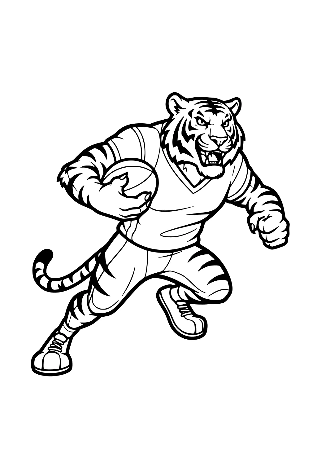 Cartoon tiger in jersey running with football, one paw out, wearing sneakers and showing teeth.