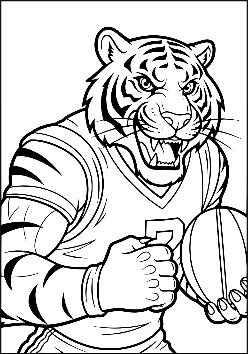 Tiger in a sports jersey holding a football, showing its teeth and stripes.