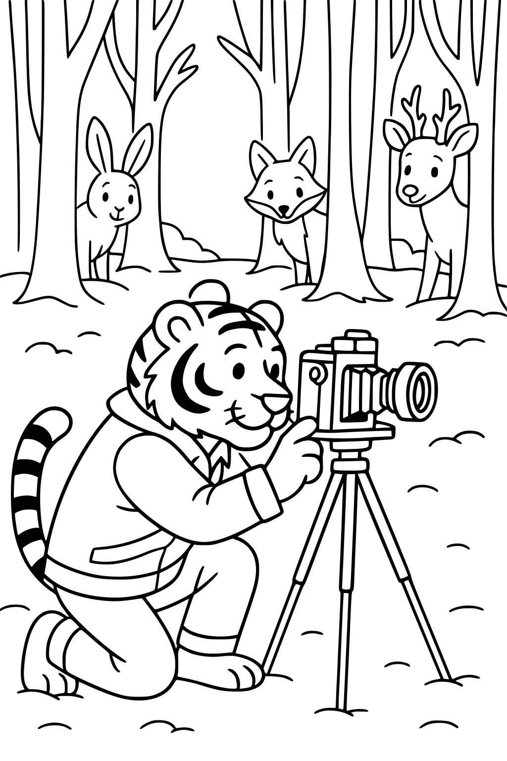 A tiger in a jacket takes a photo with a camera on a tripod while a rabbit, fox, and deer watch in a forest.