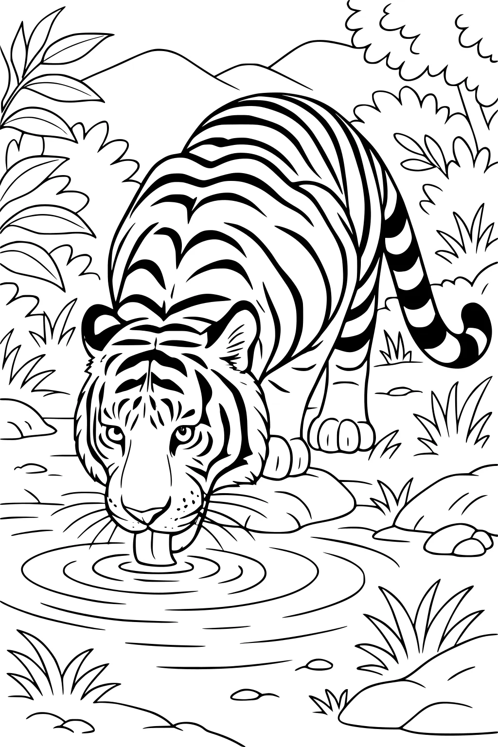 Tiger crouched by a pond, drinking with its tongue, surrounded by grass, bushes, rocks, and distant hills.