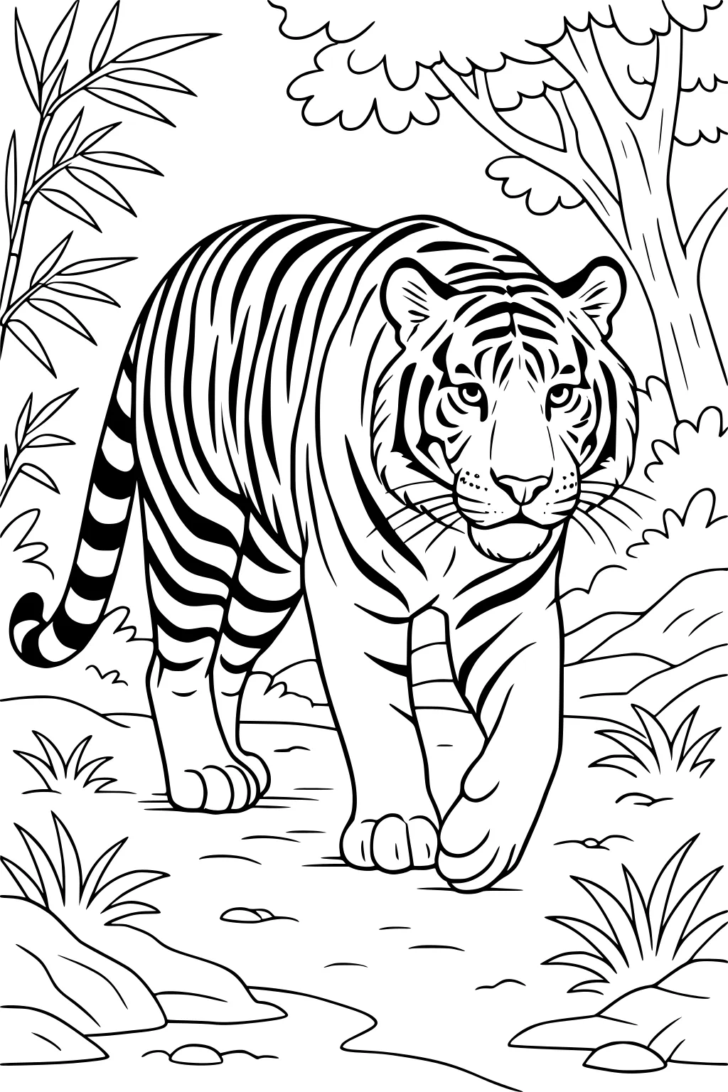 Tiger walking on a jungle path with bamboo, trees, and grass around him.