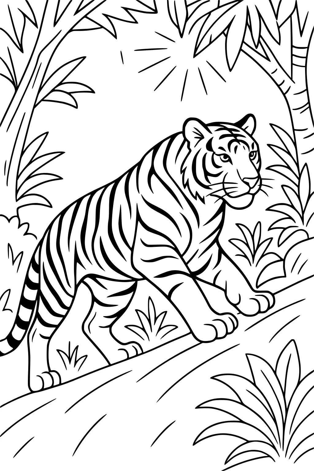 Tiger with stripes walking on a log, surrounded by jungle plants and trees under sun rays.