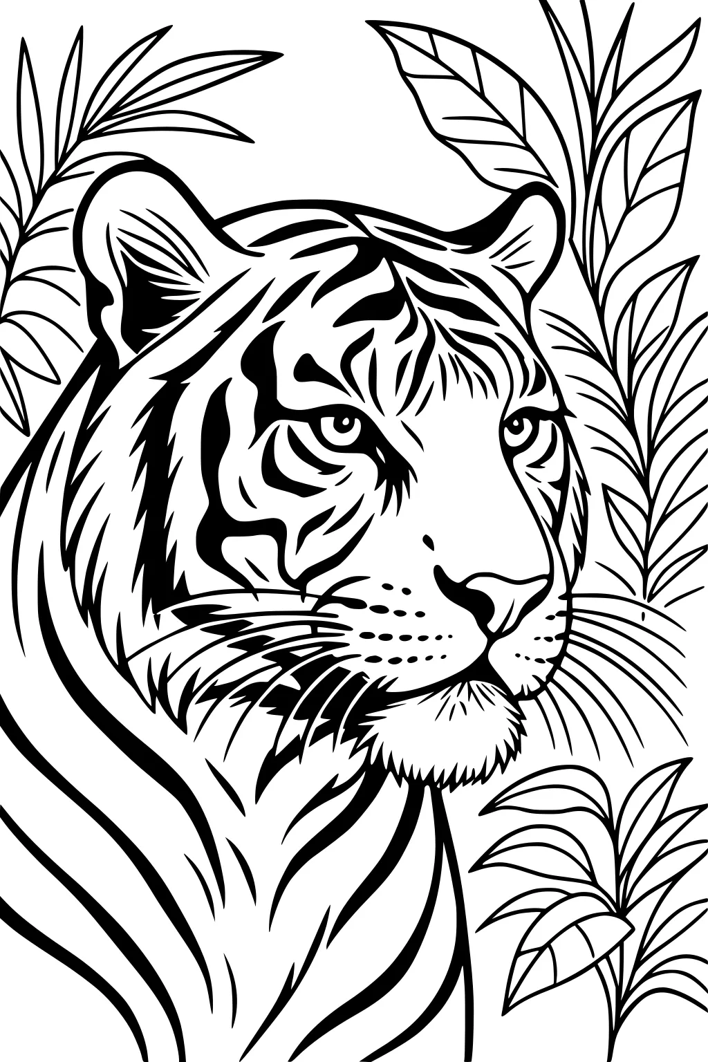 Tiger with striped face among large jungle leaves, bold outlines, alert expression.