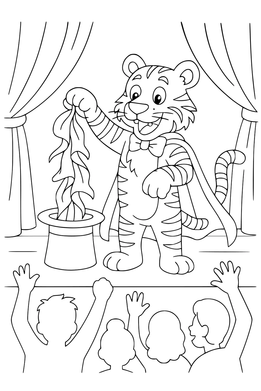 Tiger magician on stage pulling scarves from hat with four children in the audience and curtains in the background.