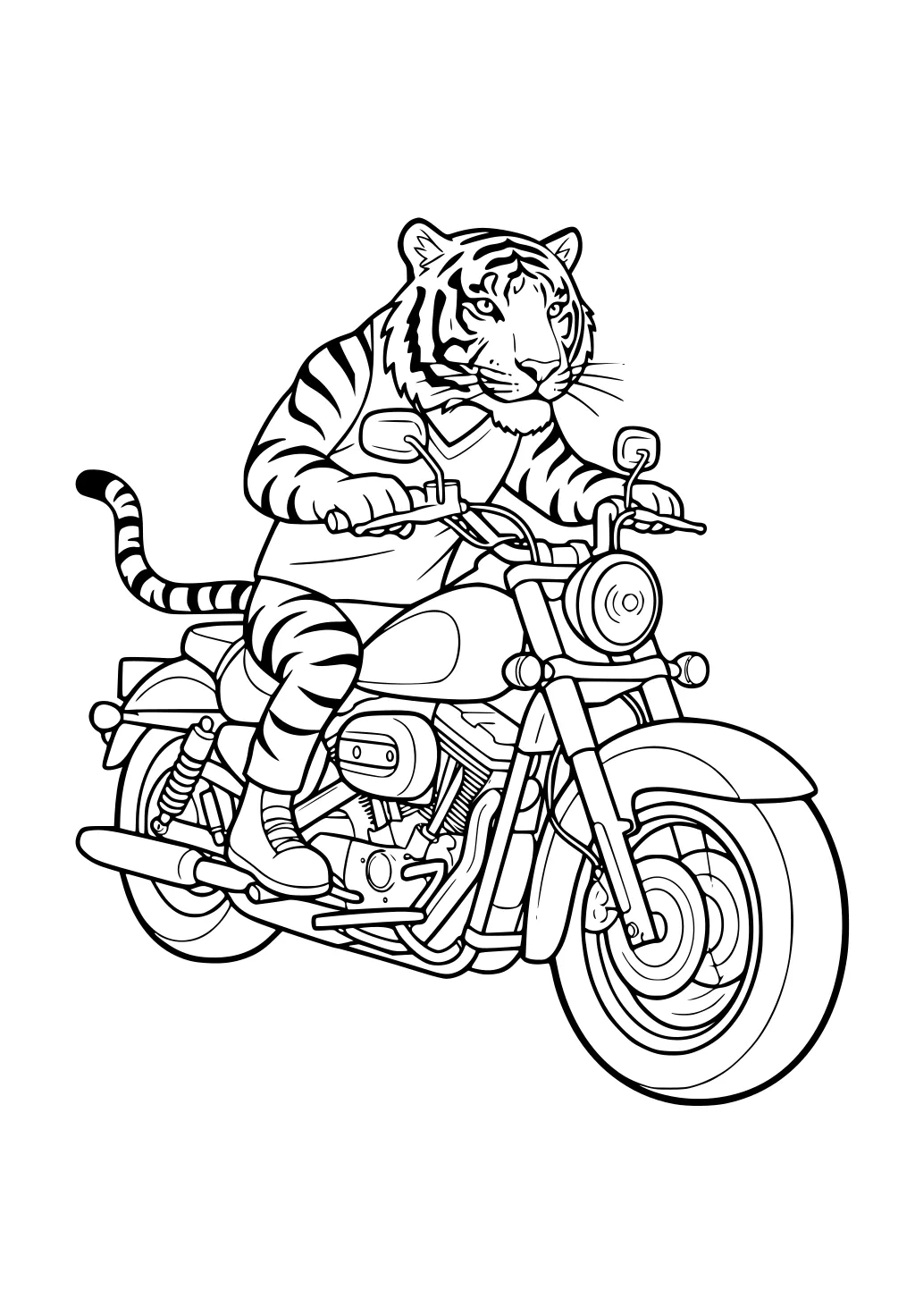 Tiger with stripes riding a motorcycle, wearing boots, gripping handlebars, tail out, detailed wheels and engine.