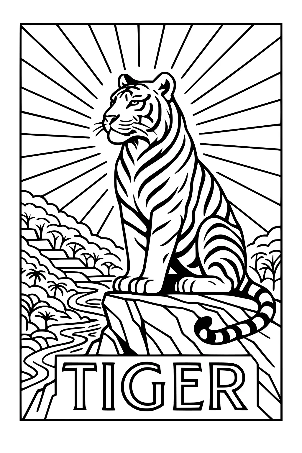 Tiger with stripes sits on a cliff, sun rays and jungle hills in background, large TIGER text at the bottom.