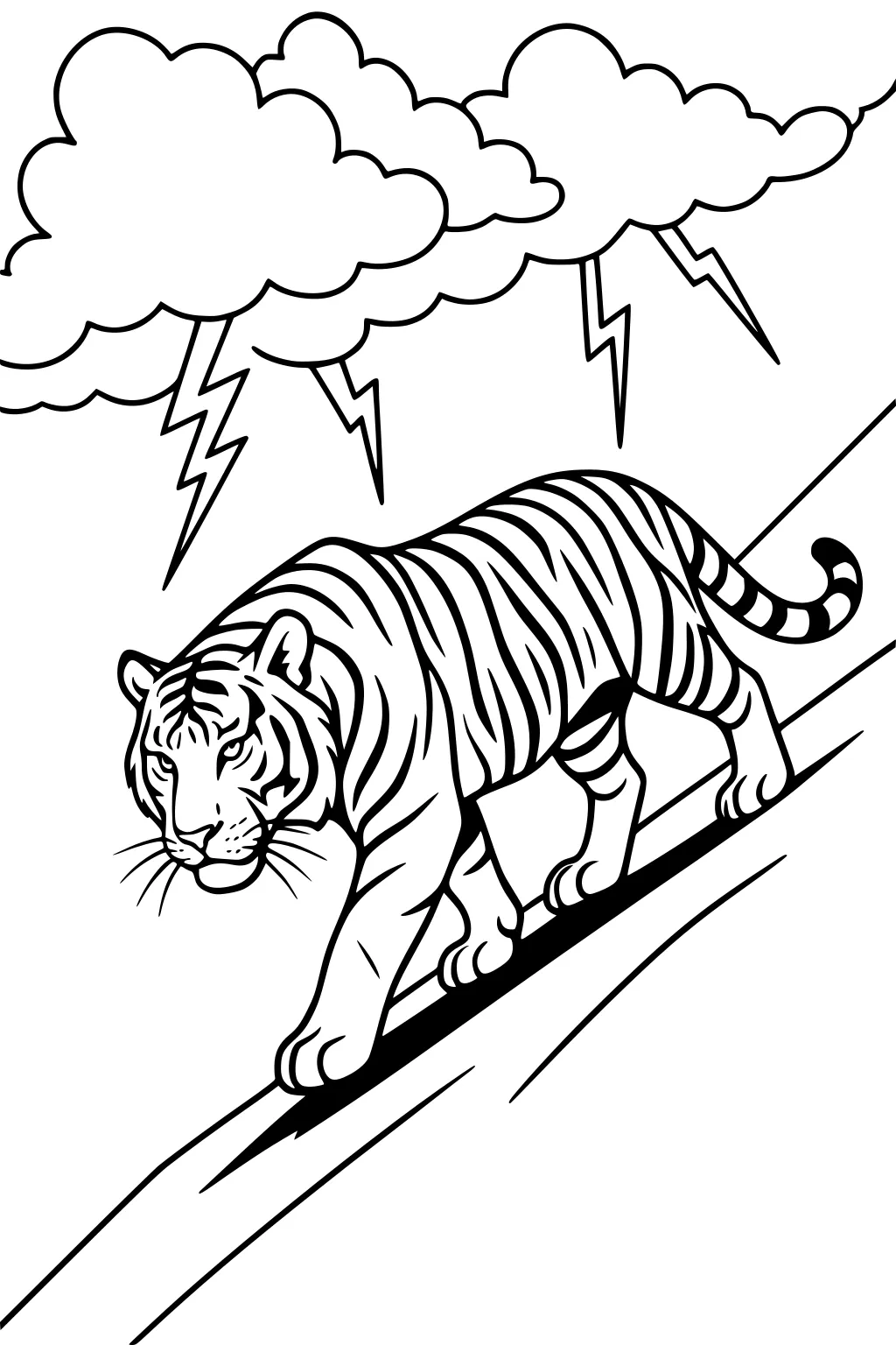 Tiger walking on sloped ground with storm clouds and lightning in the sky above.