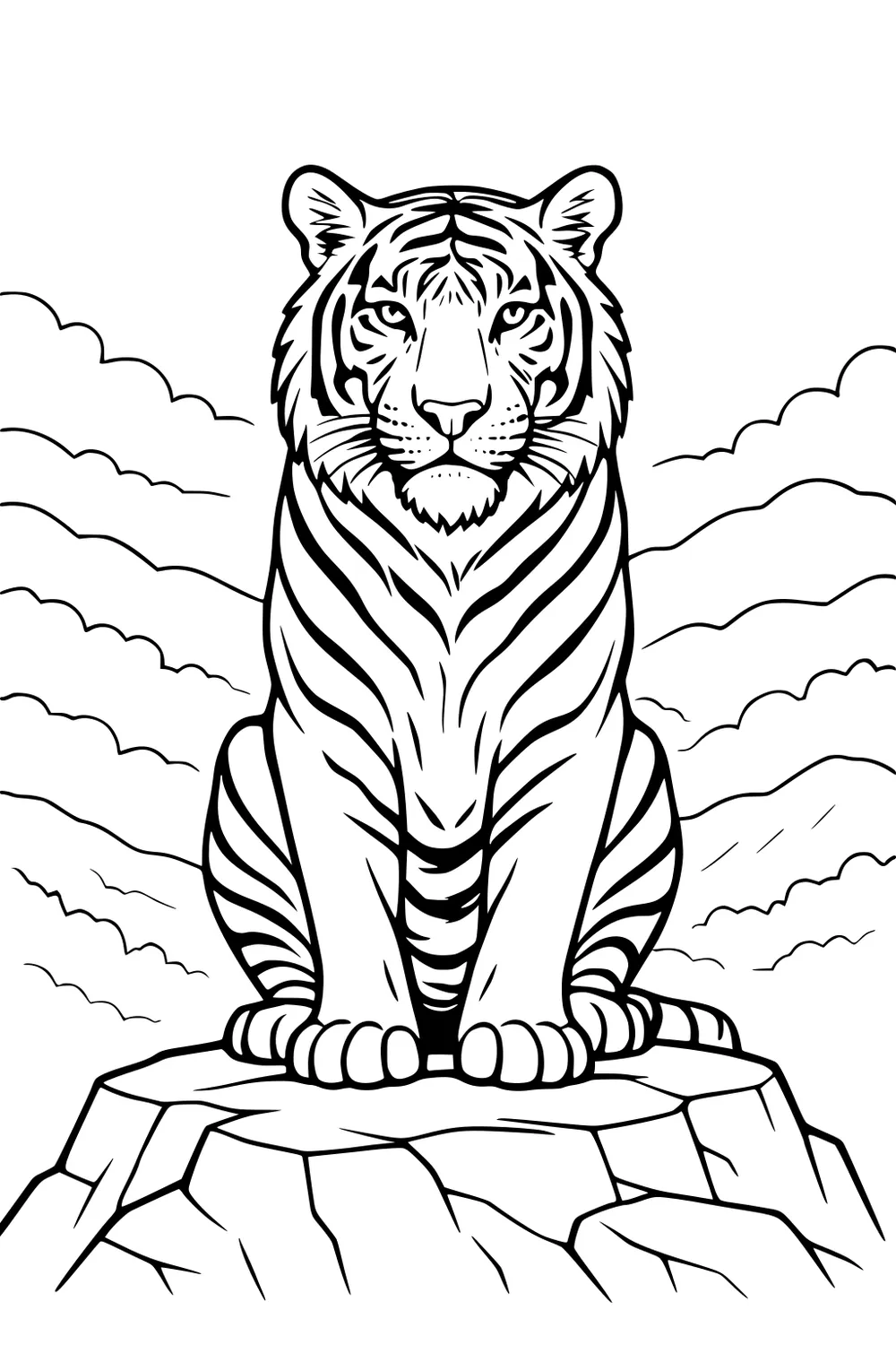 Tiger sits on rocky mountain peak with clouds behind, facing forward with striped fur and rounded paws.