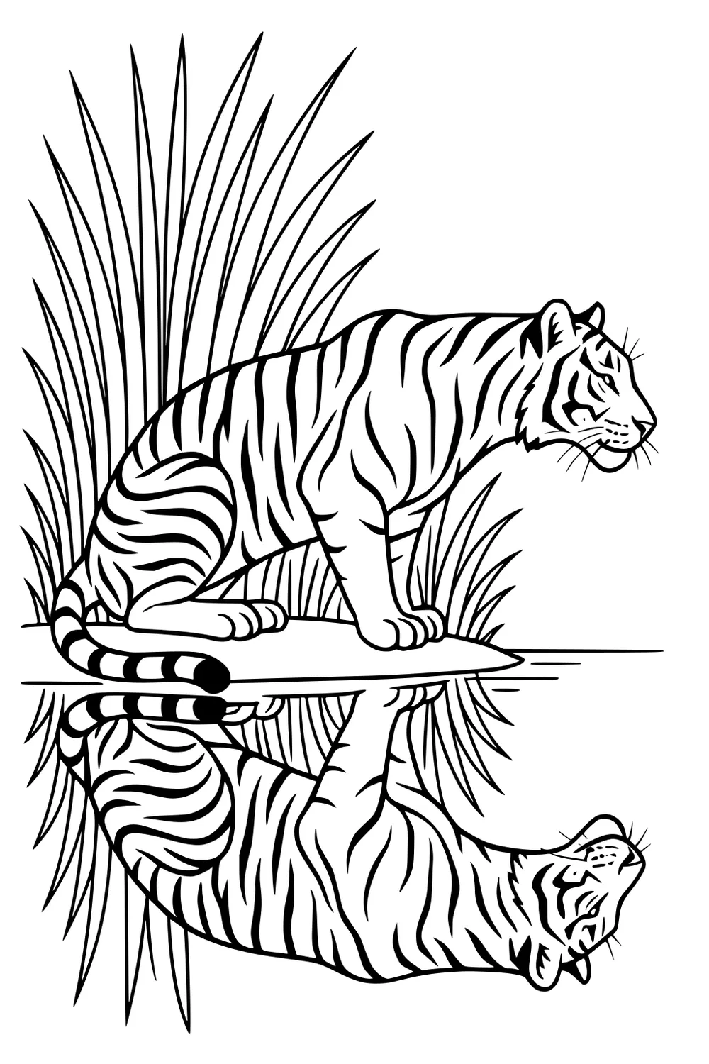Tiger crouching by water, its full reflection clearly visible below, tall grass growing in the background.