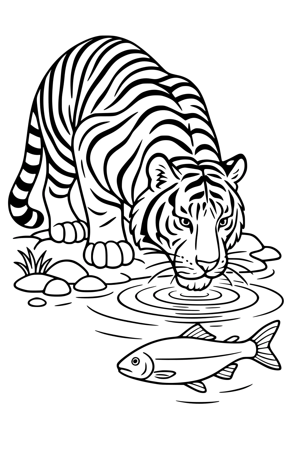 Tiger crouching beside a river, drinking water. Fish swims in foreground. Rocks and grass on the riverbank.