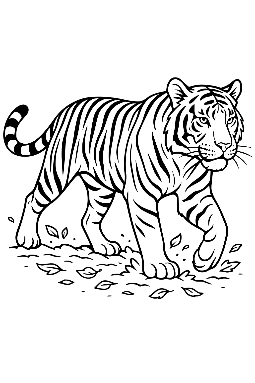 Tiger with stripes walking forward, tail curled, standing among scattered leaves on the ground.