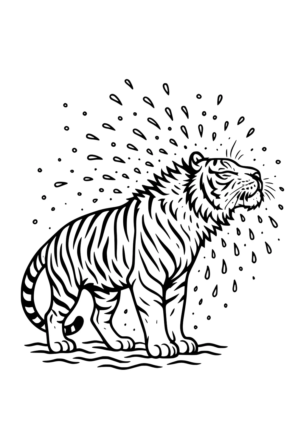Tiger stands and shakes water drops everywhere, eyes squinted, stripes bold, tail curled, standing on rippled ground.