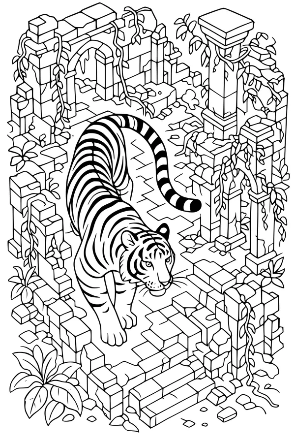 Tiger Walks Through Ancient Stone Ruins