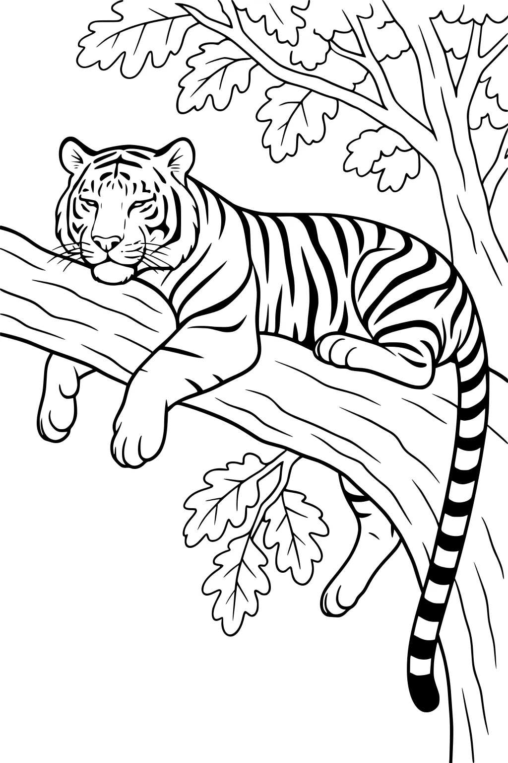 Tiger lying on a tree branch surrounded by large leaves and tree trunk, with tail hanging down.