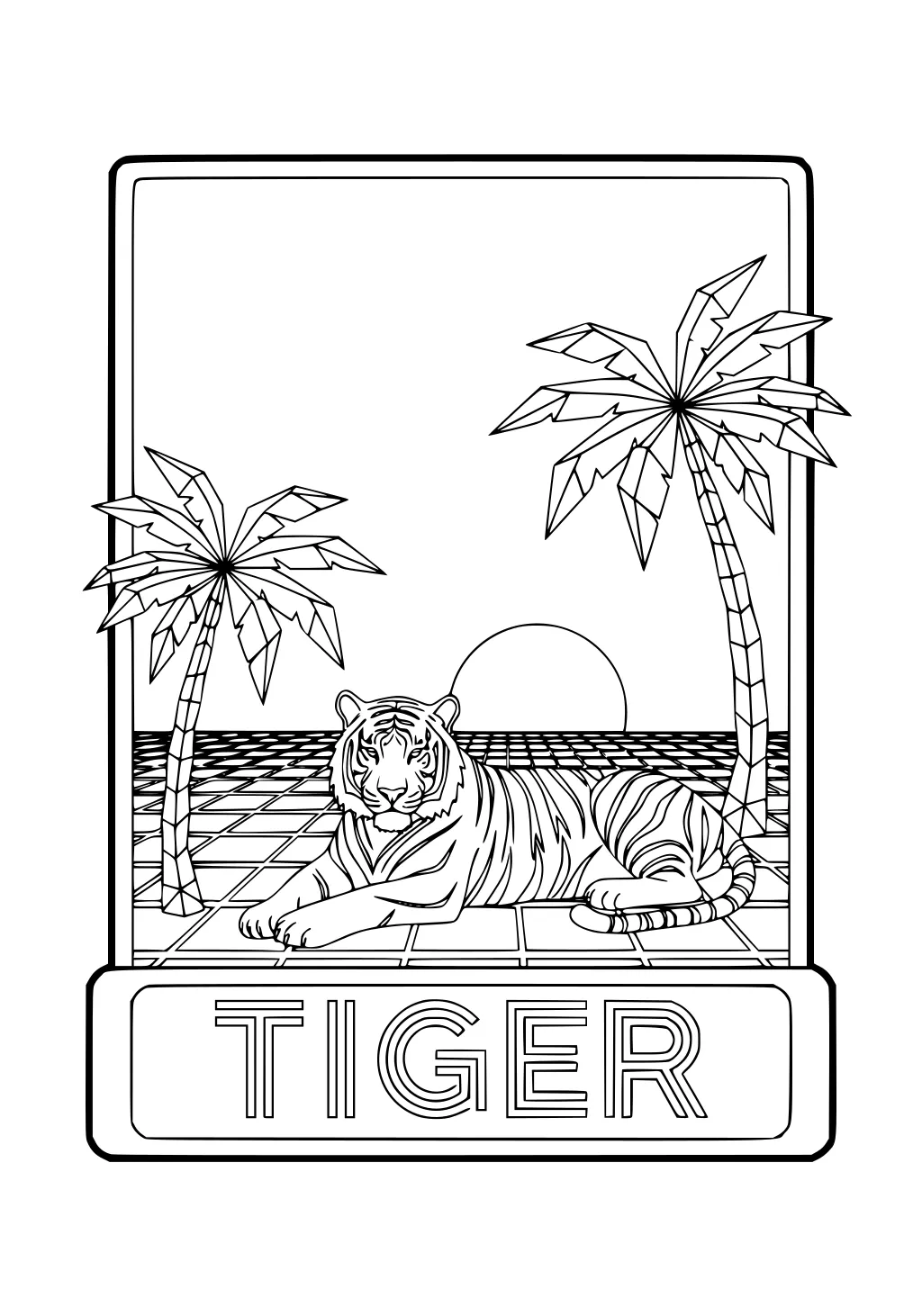 Tiger lying on tiled ground between two palm trees with the sun setting behind and the word TIGER at the bottom.