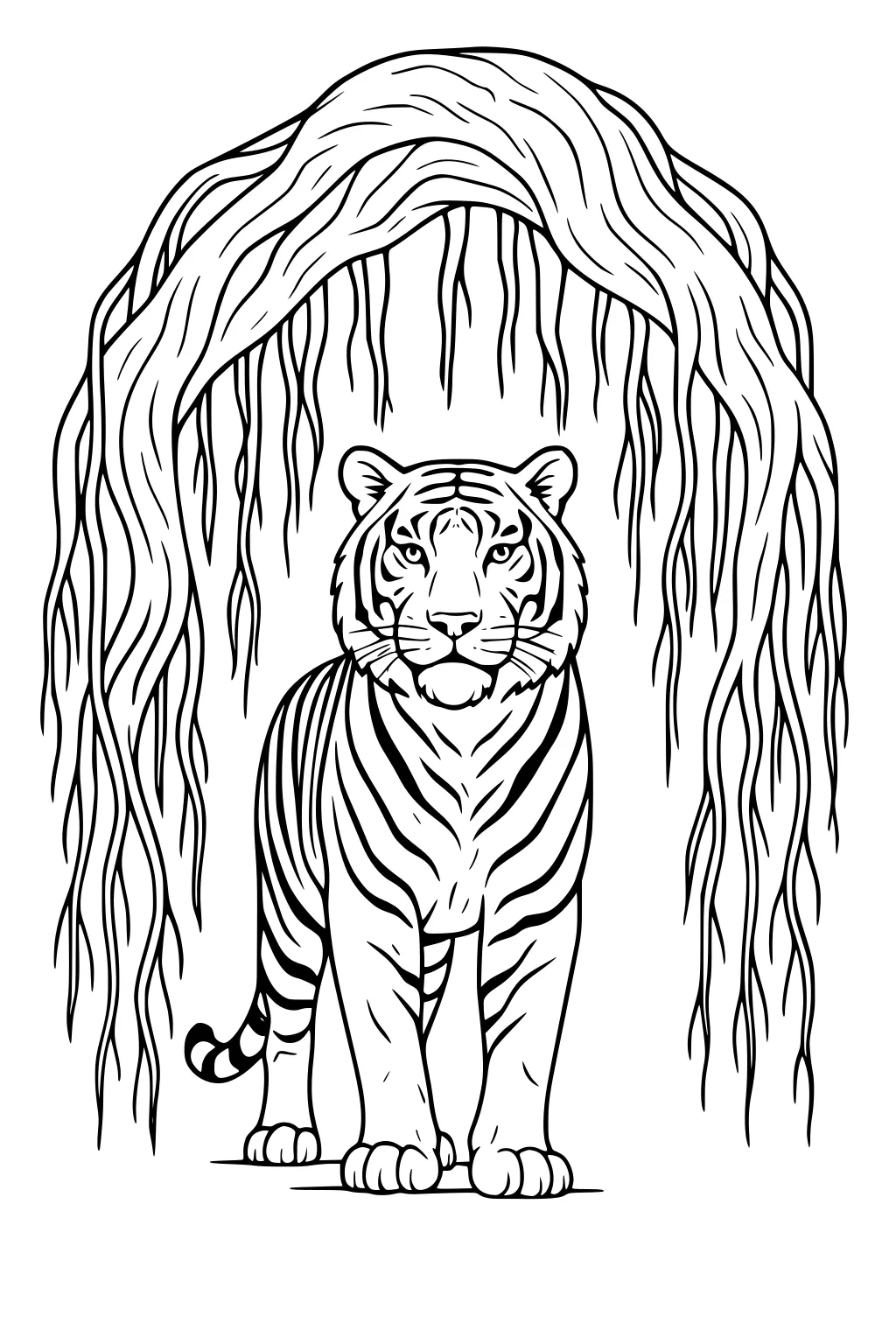 A tiger stands under long, hanging banyan tree roots, facing forward with a calm look and striped coat.