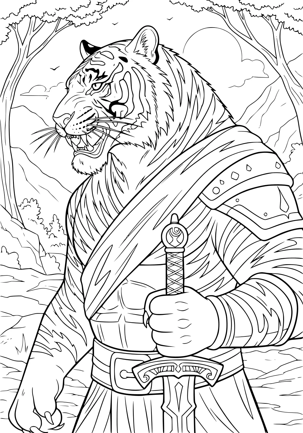 Tiger warrior with stripes, holding a sword, dressed in armor, standing in a forest with trees and mountains.