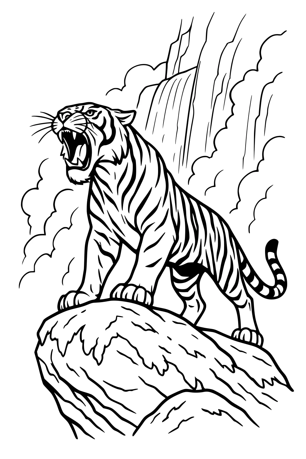 Tiger roaring atop a rocky ledge with a waterfall and swirling clouds behind him.