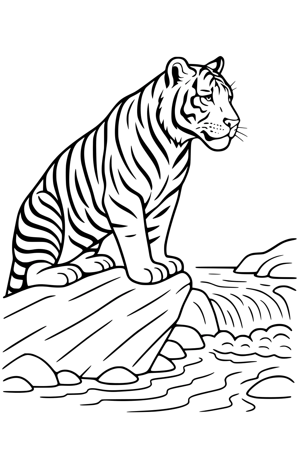 Tiger with bold stripes standing on rocks by a river, looking out over the water and surrounded by stones.