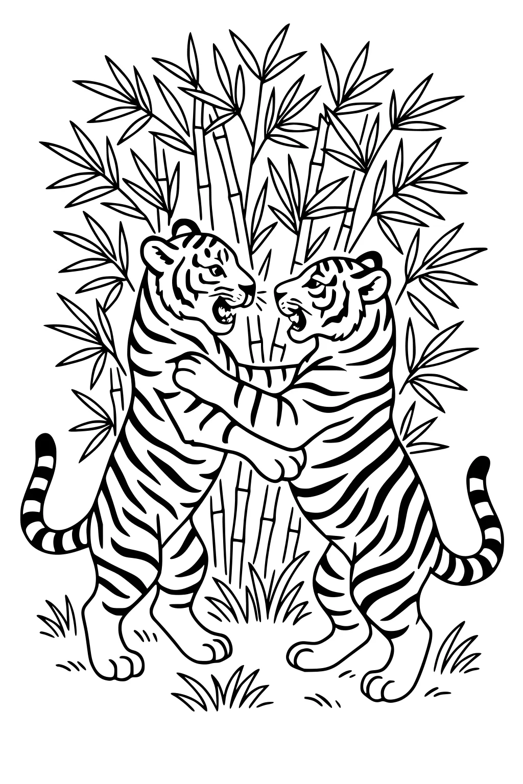 Two tigers standing upright facing each other in front of tall bamboo plants with grass at their feet.