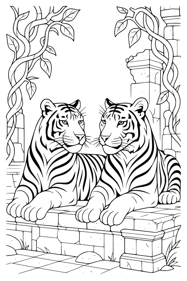 Twin Tigers on Ancient Stone Steps
