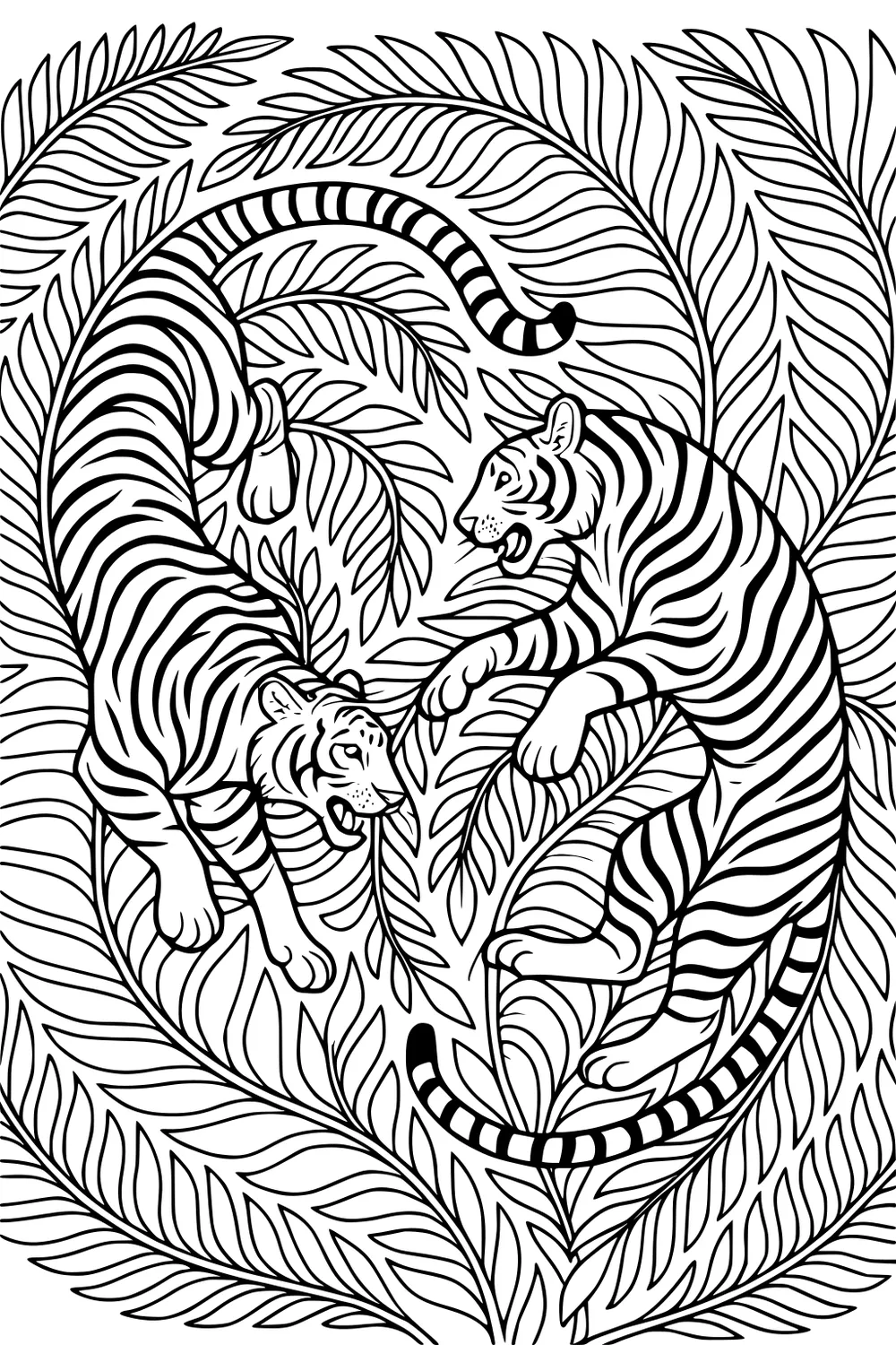 Two striped tigers playing in thick jungle leaves, with swirling patterns and curved tails.