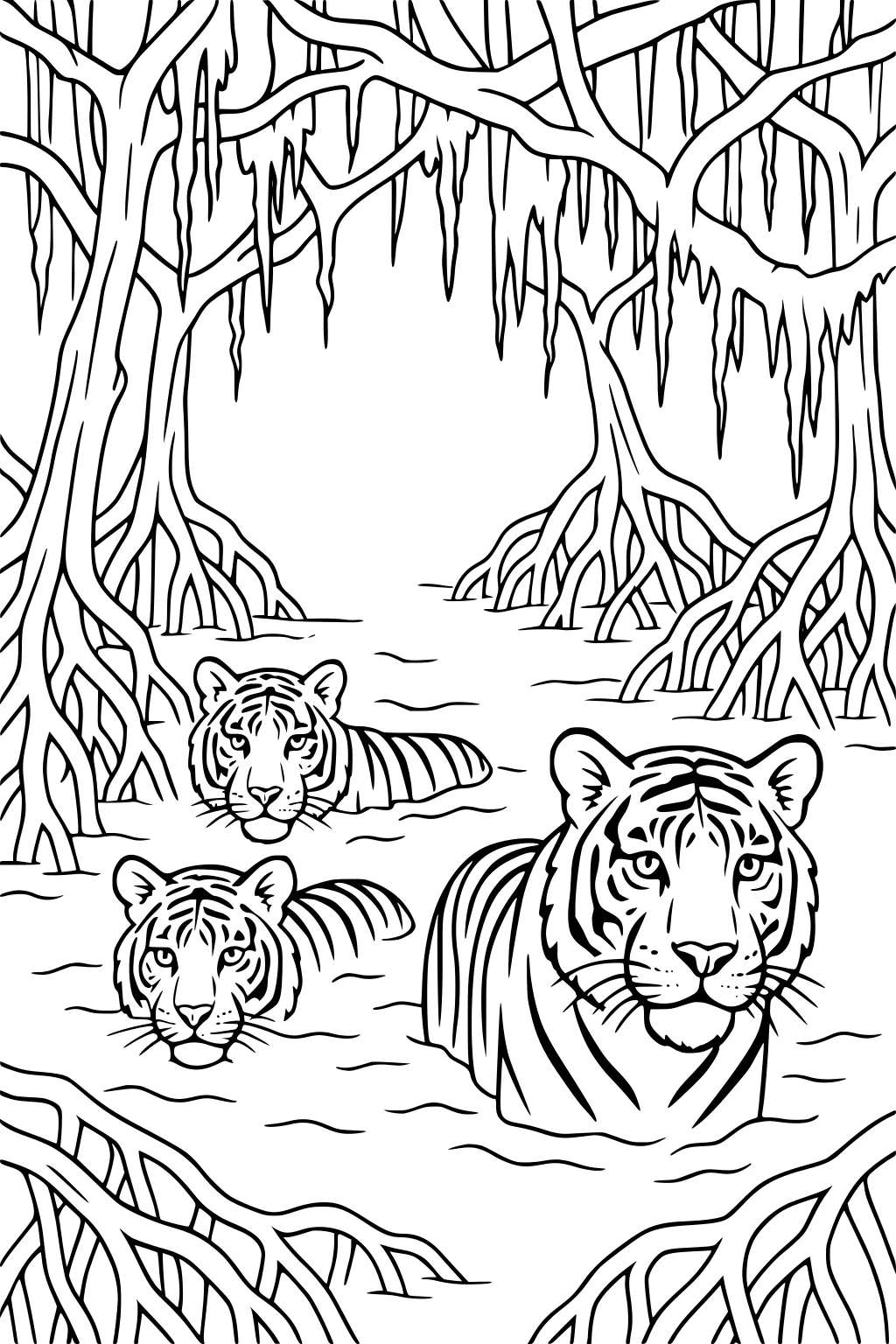 Three tigers swimming in river water surrounded by mangrove trees and exposed roots.
