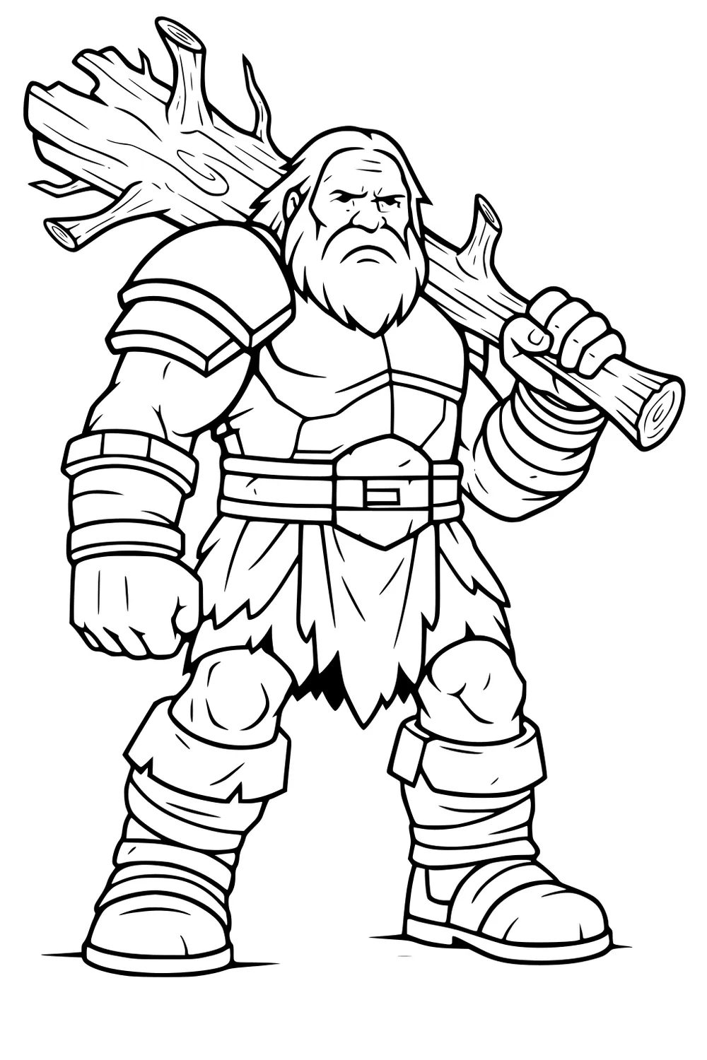 Bearded giant in armor carries a large tree trunk on his shoulder, with boots, belt, and bracers, bold lines on a blank background.