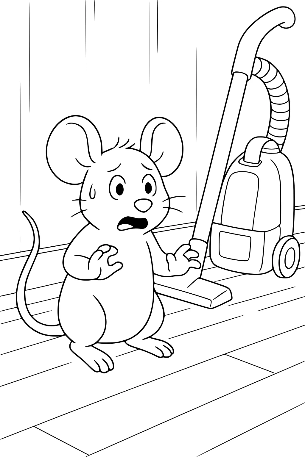 A nervous cartoon mouse stands in front of a vacuum cleaner on wooden floorboards, with sweat drops on his face.