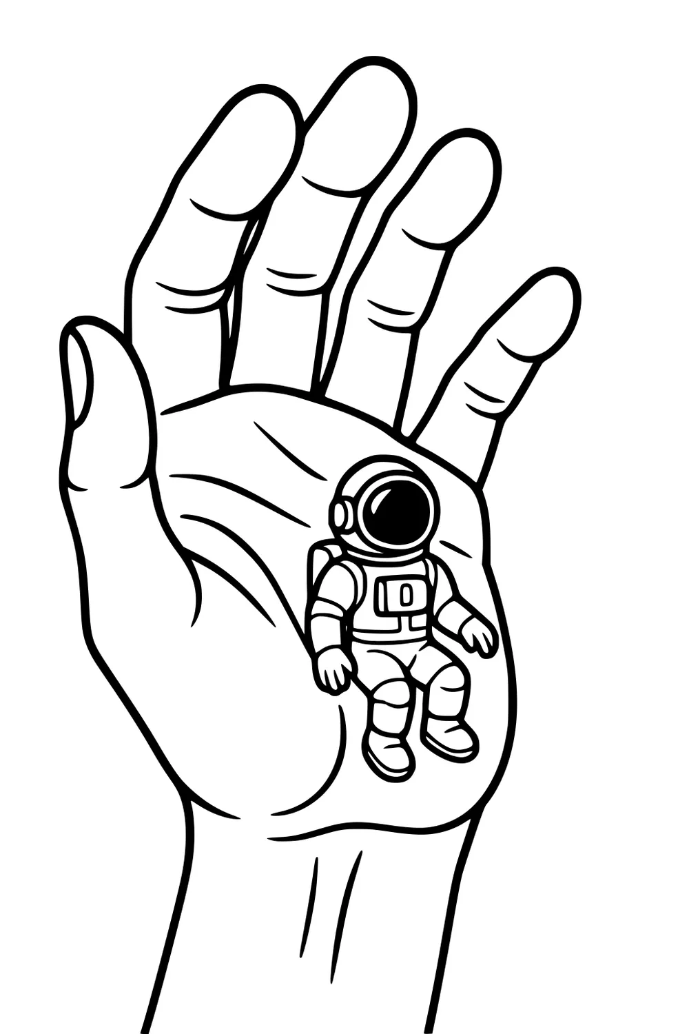 Open hand holding a tiny seated astronaut with round helmet and backpack, simple line art with bold outlines.