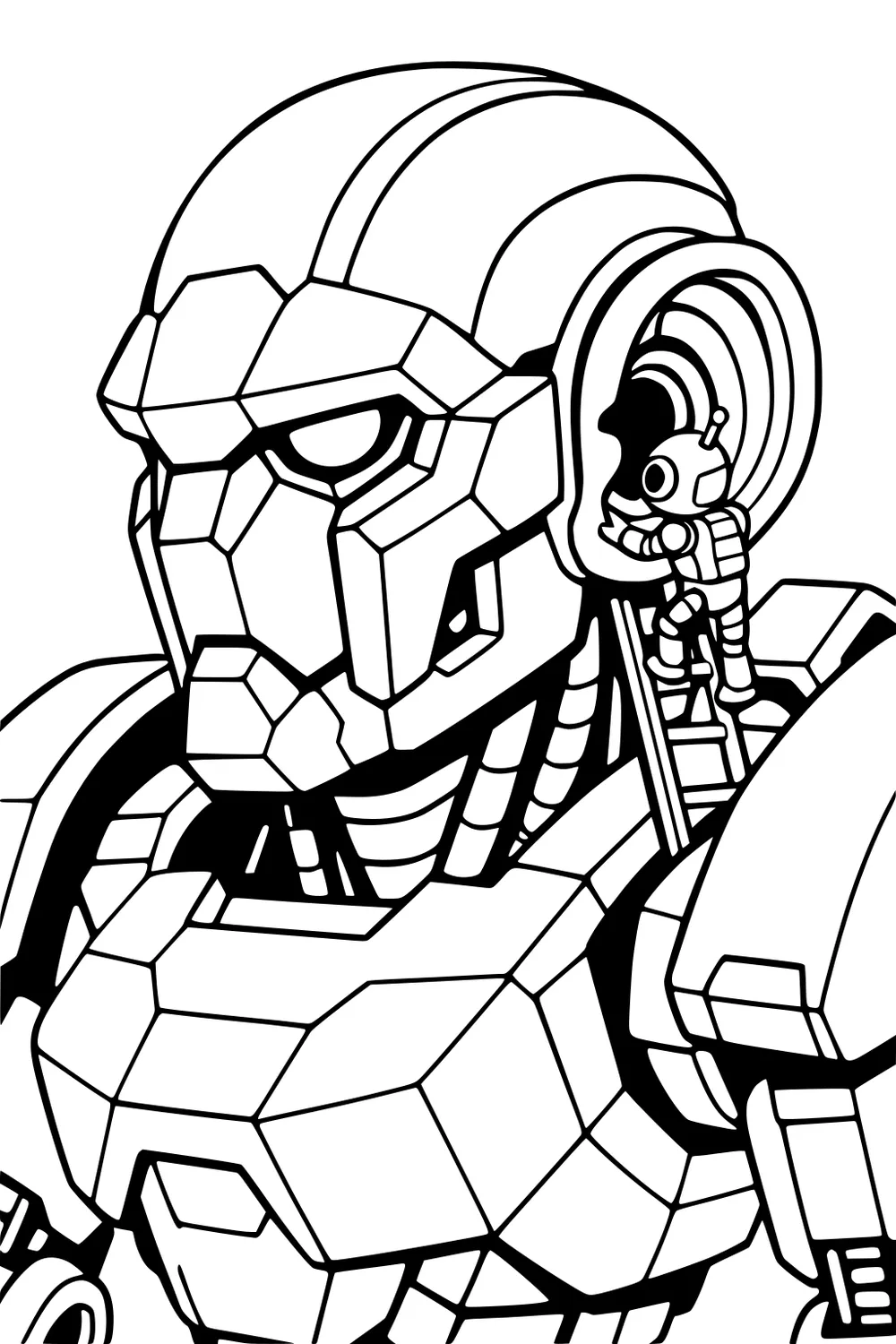 Large armored robot with geometric plates as a small boy robot climbs a ladder into a round ear panel; bold sci-fi line art.