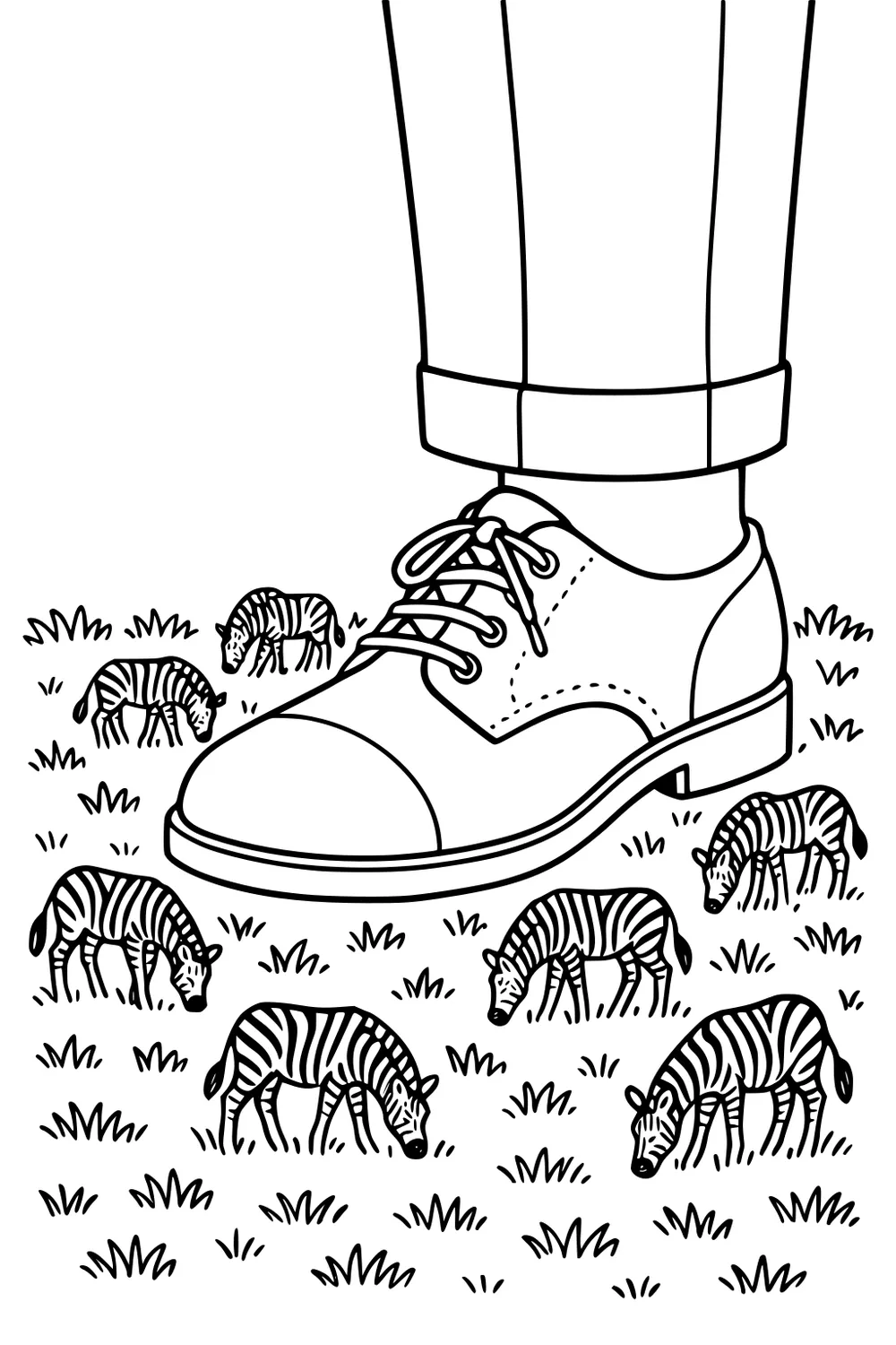 Large lace-up shoe with rolled pants stands in grass while several tiny zebras graze around it; simple cartoon lines and stripes.