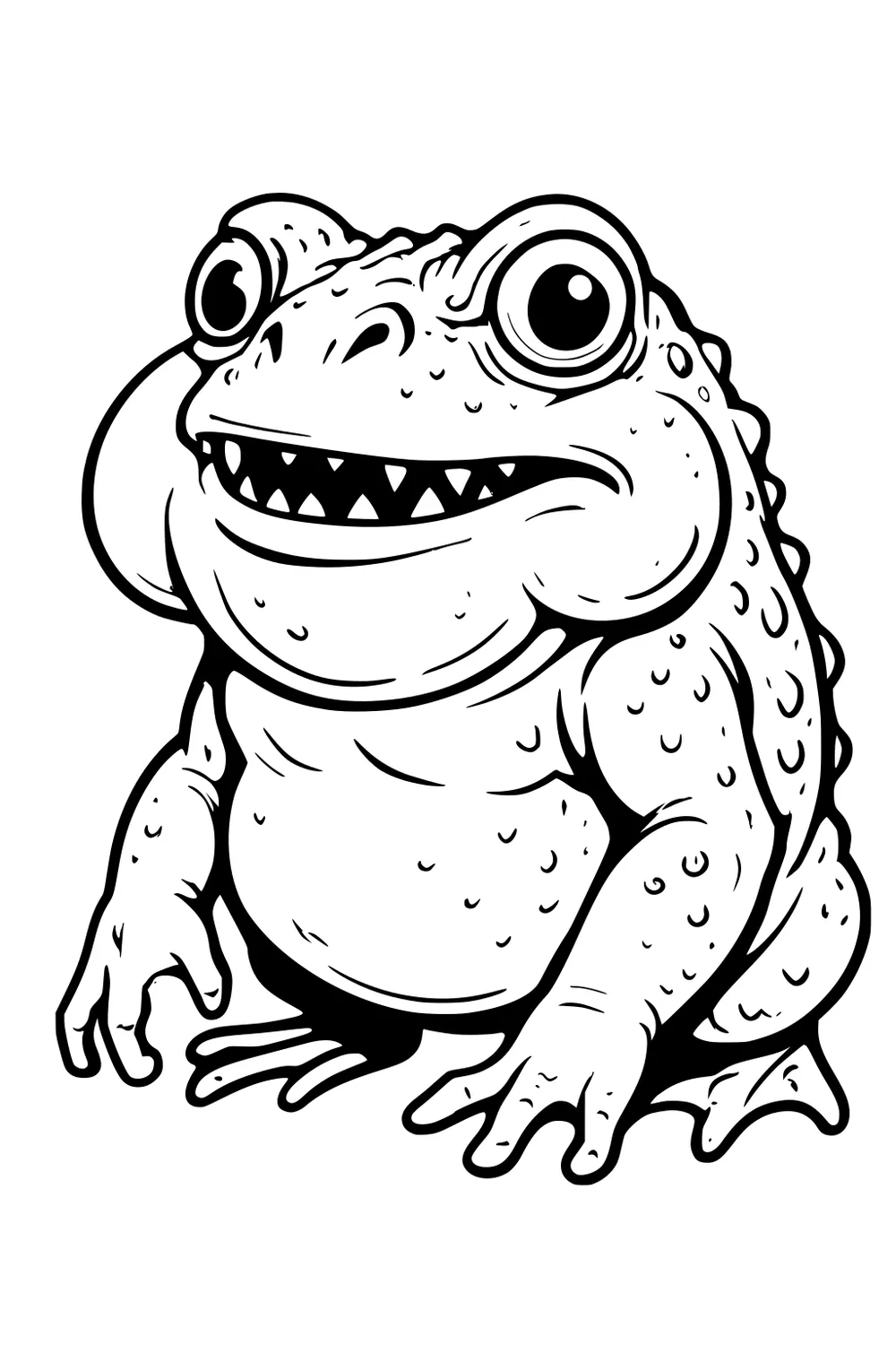 Toad-like cartoon monster with bulging eyes, bumpy skin, triangle teeth, short arms, and webbed feet, sitting facing forward.