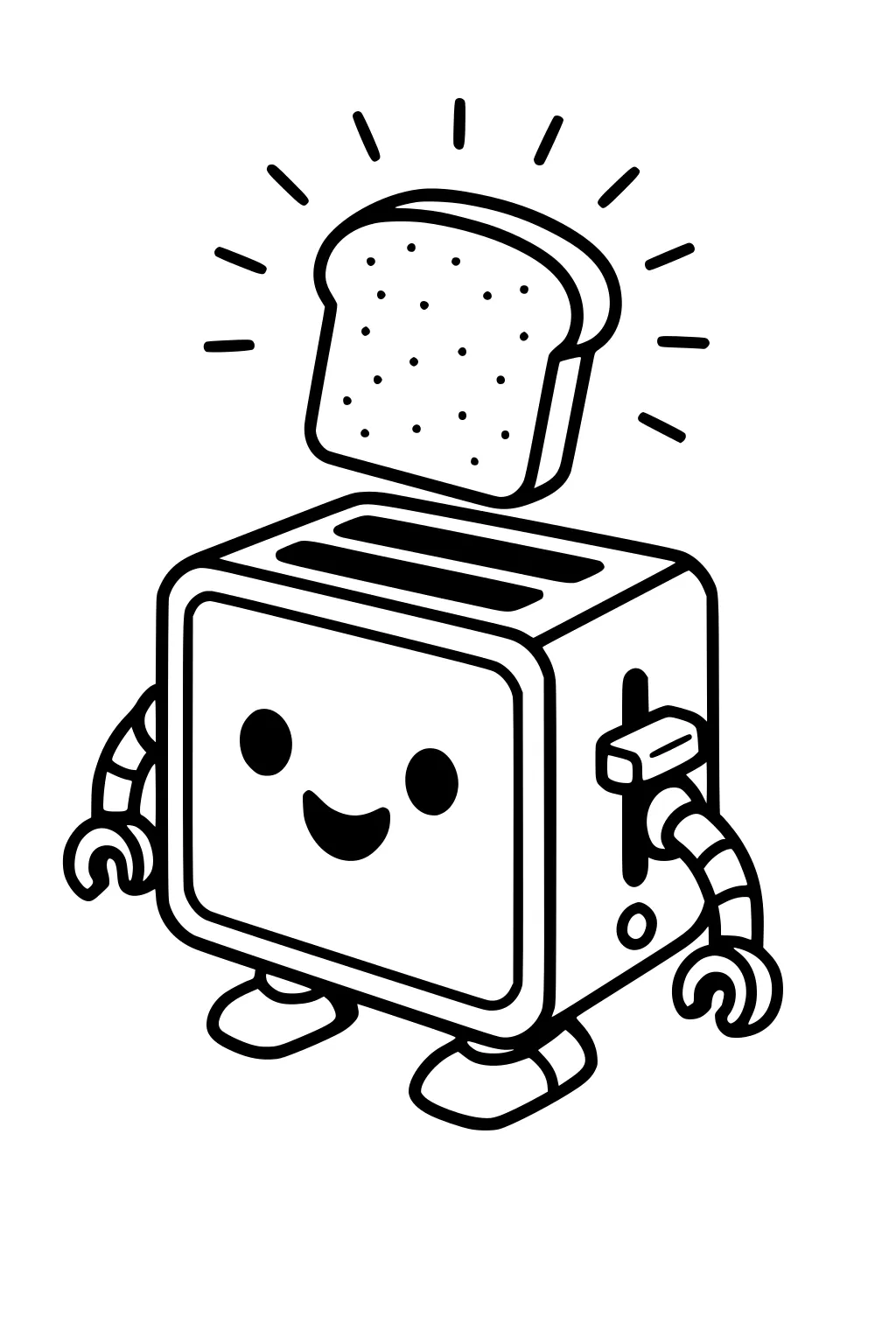 Smiling toaster robot with bendy arms and lever, toast slice popping up with rays, bold outlines, two slots and rounded feet.