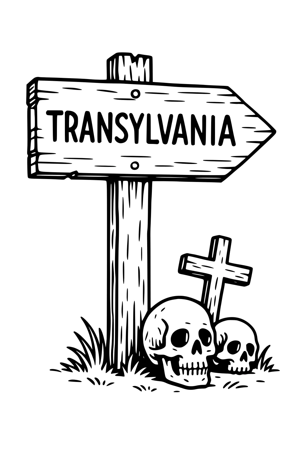 Wooden sign reading Transylvania points right; two skulls and a tilted wooden cross rest in grass at the base.