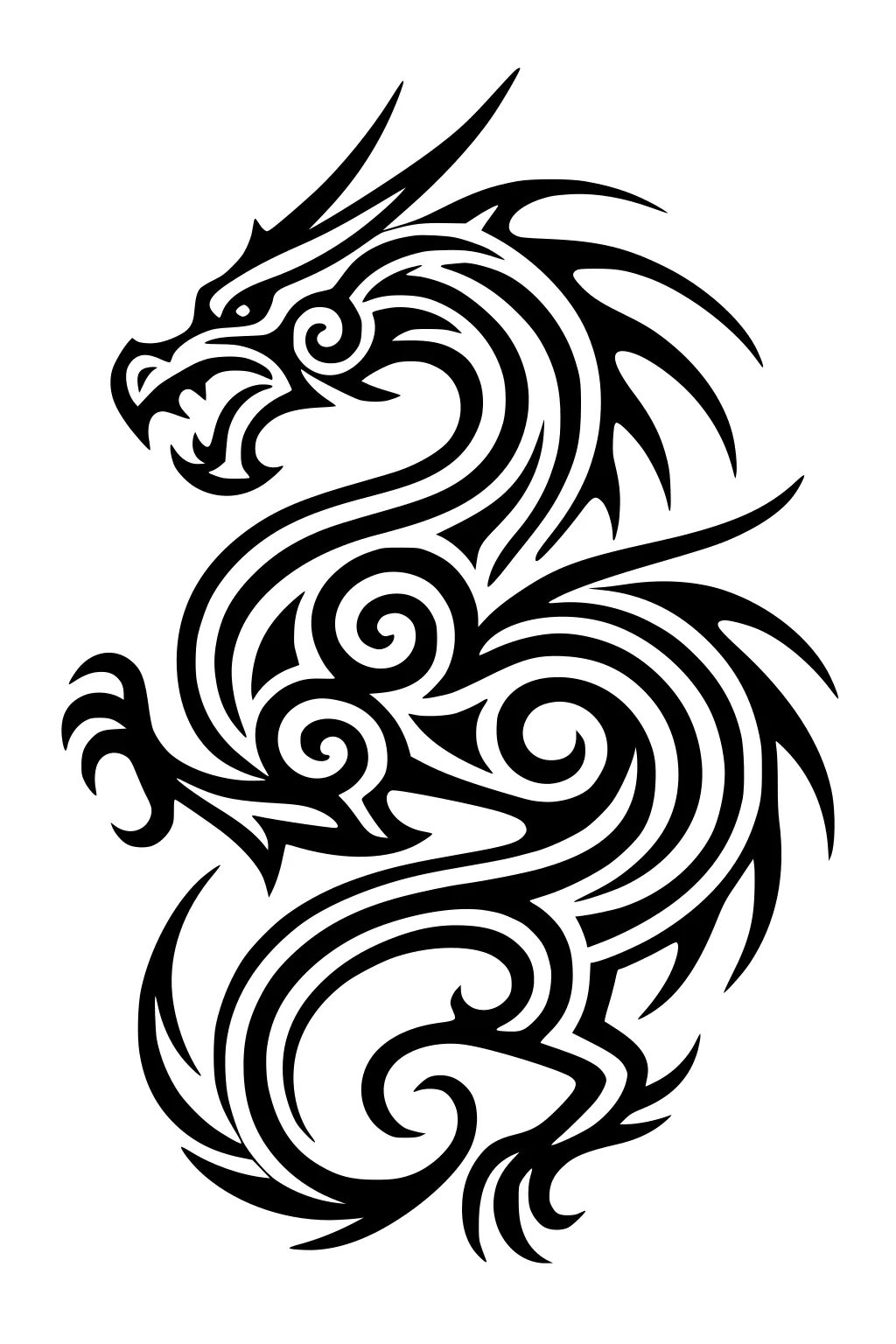 Tribal dragon in S-shape with swirls, sharp horns, open mouth, claws, spiky back, black lines on white.