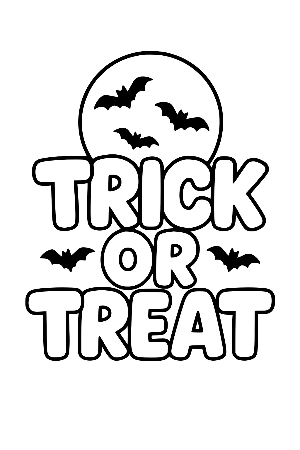 Trick or Treat in big bubble letters with a full moon overhead and five flying bats around the words on a simple Halloween page.